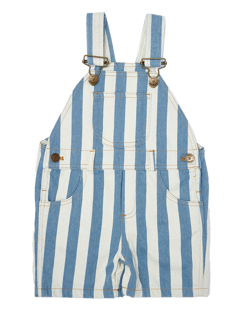 Faded Stonewash Stripe Dungaree Shorts In Blue