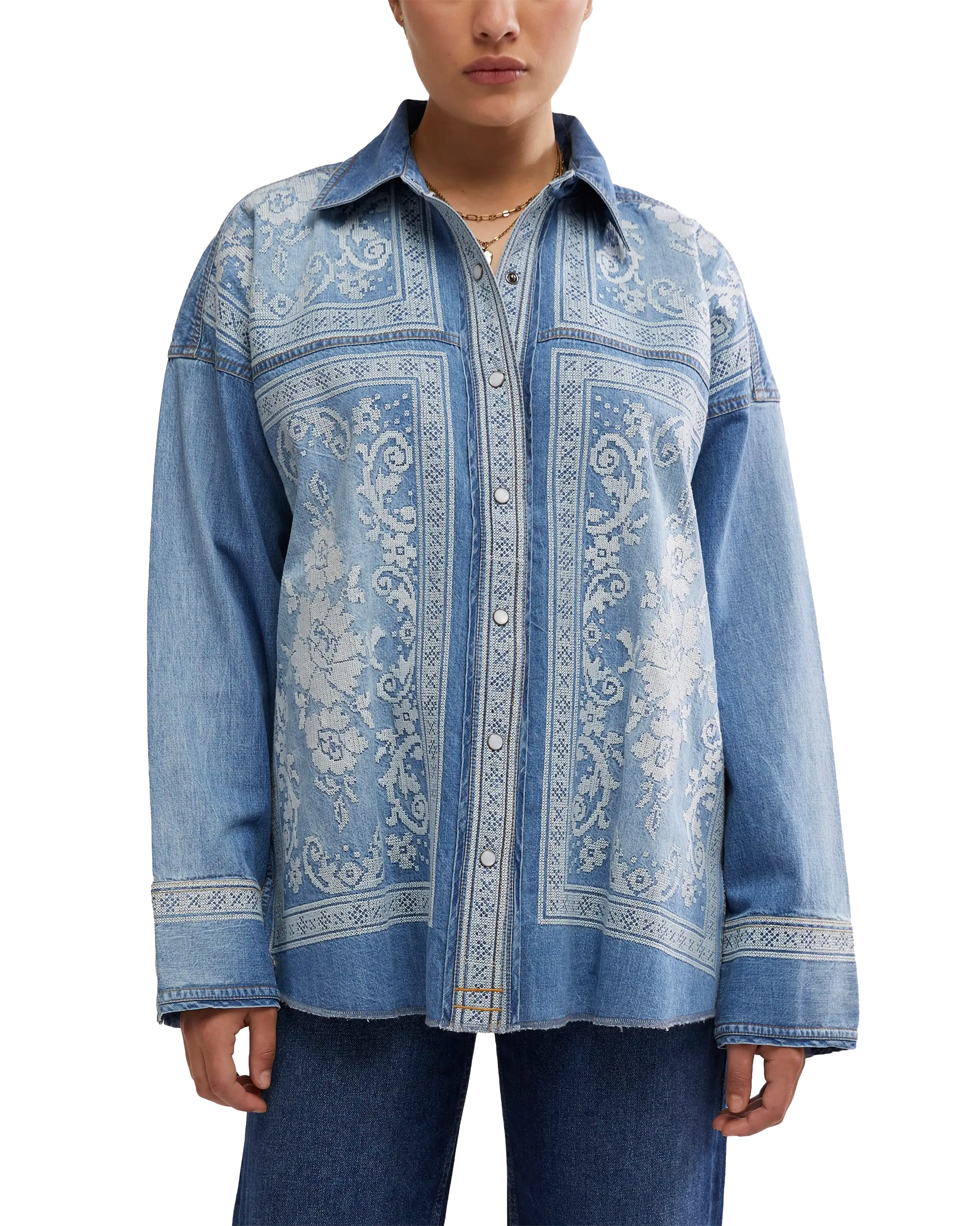 Lace Embroidered Denim Shirt In Medium Rancher Wash