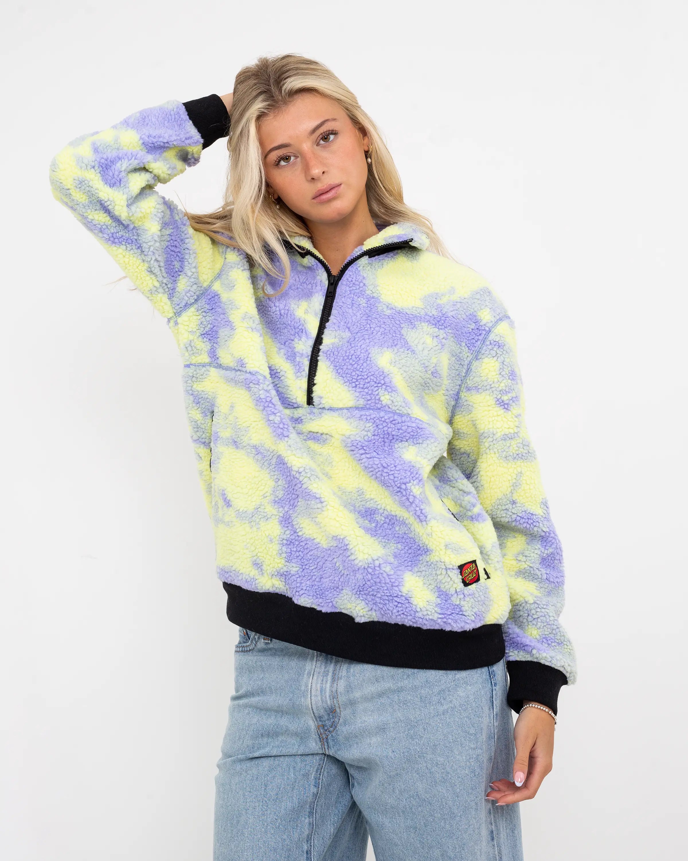 Astra Sherpa Fleece Jacket In PurpleandYellow Tie Dye