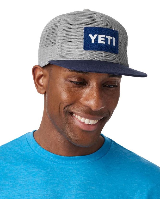 Velcro Badge Flat Brim Mesh Cap In GreyandNavy